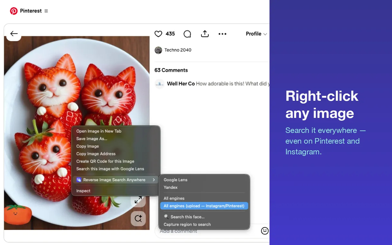 Right-click any image — the extension's context menu open over a photo on Pinterest, listing the reverse image search options.