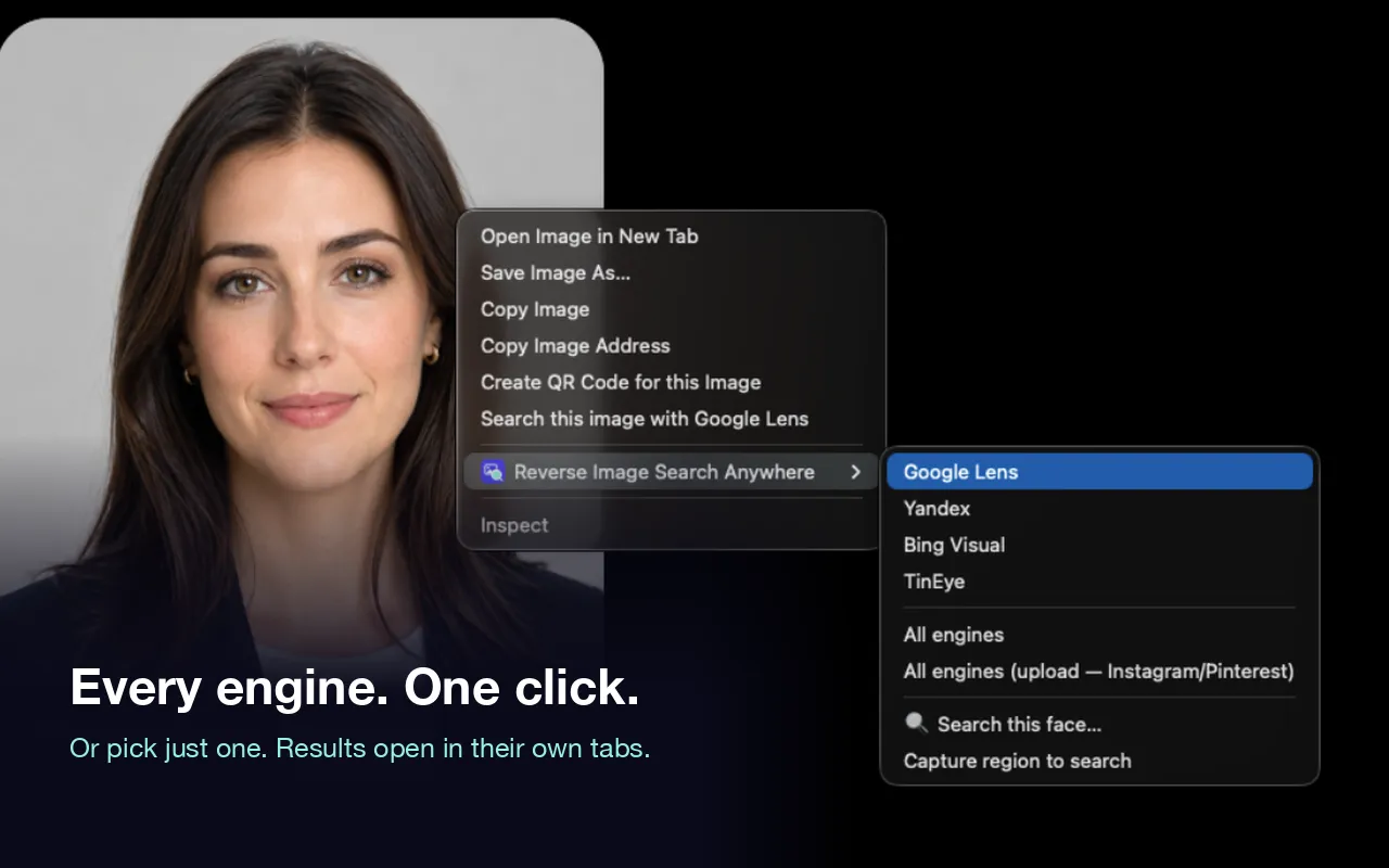 Every engine, one click — the engine submenu showing Google Lens, Yandex, Bing Visual and TinEye alongside the all-engines upload option.