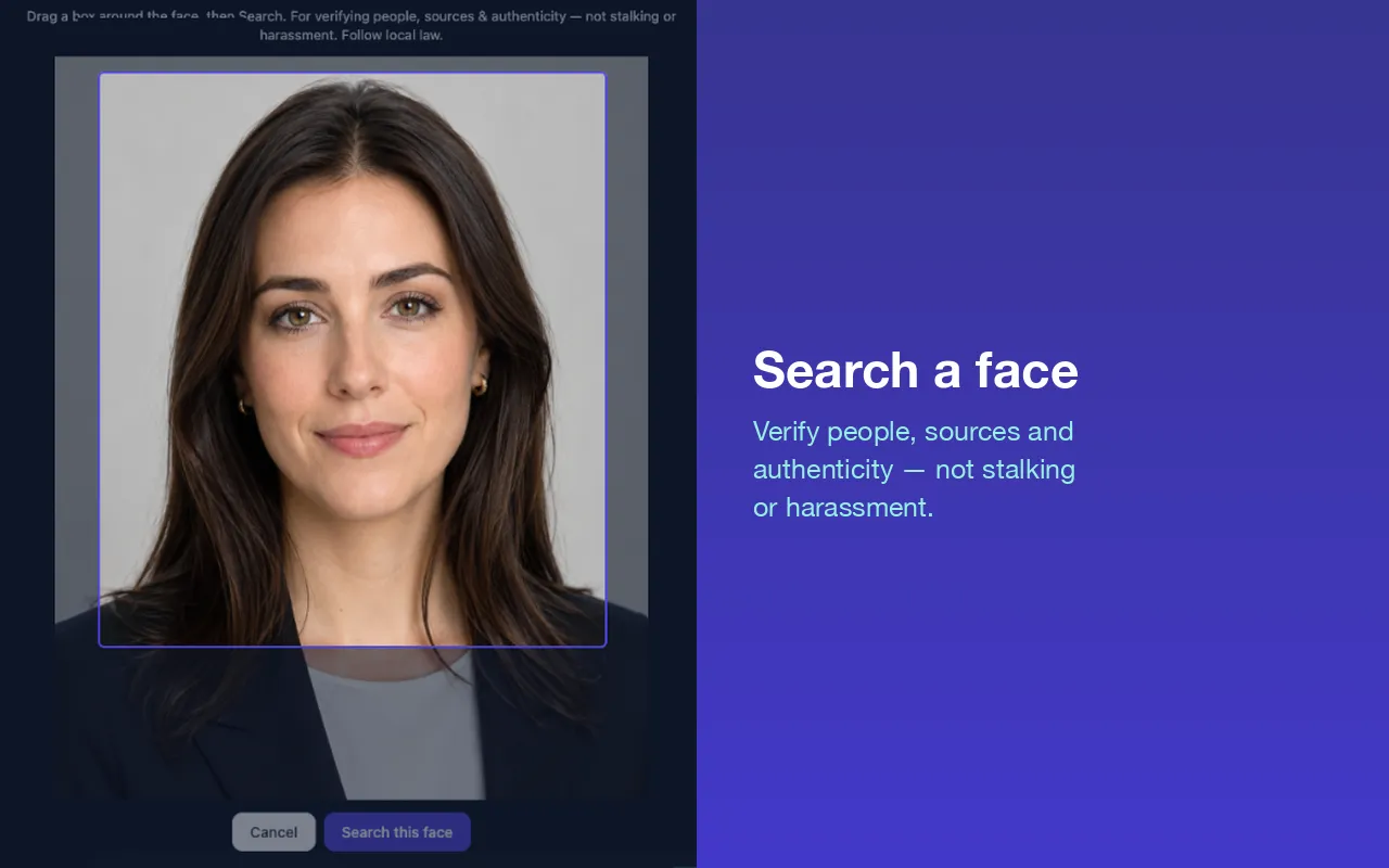 Search a face — the crop overlay narrowing a photo down to a single face before searching.