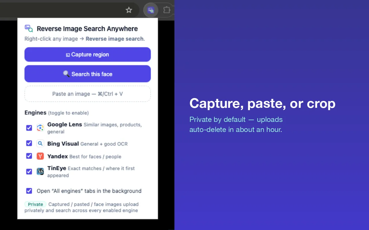 Capture, paste, or crop — the extension popup with its region-capture, paste-image and face-search actions.